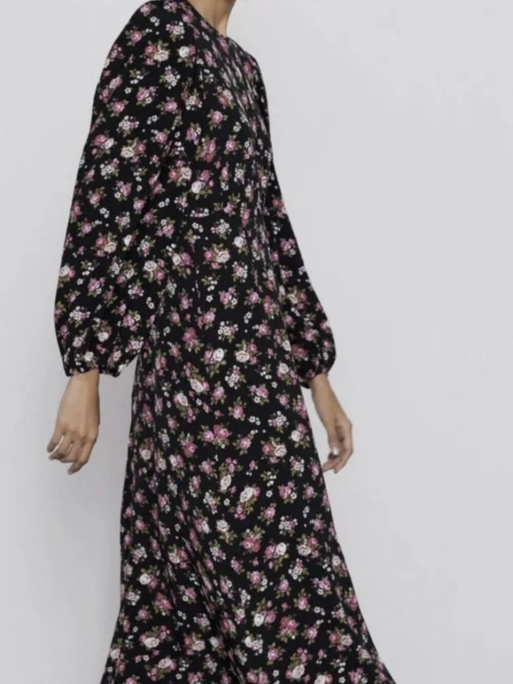 Zara Printed Midi Dress - Black Floral - Size M
